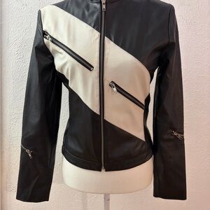 A|Wear Black Faux Leather Moto Jacket Colorblock Zip Detail Size 10